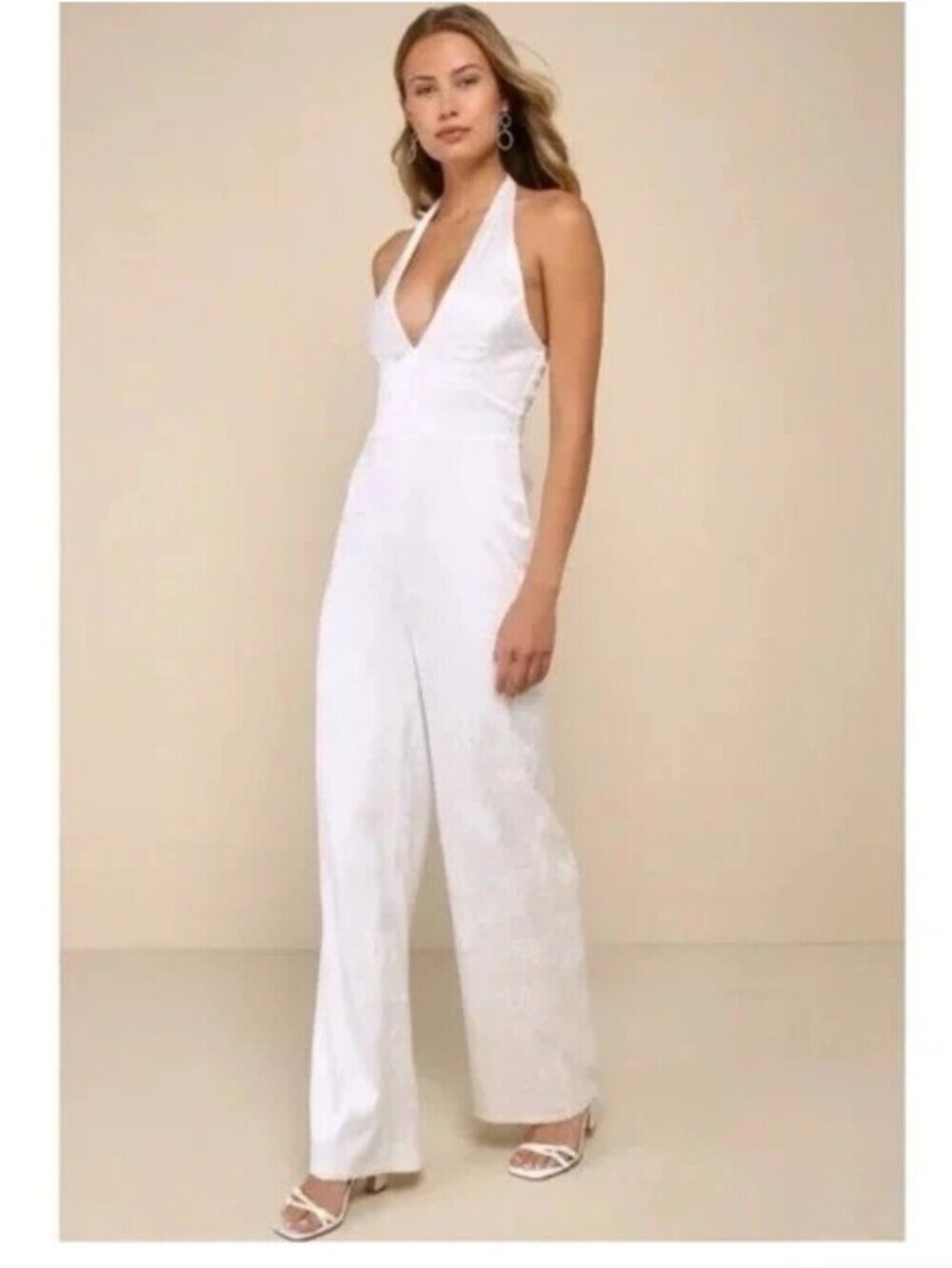 NWT LULUS | Elegant Aspect White Striped Jacquard Halter Jumpsuit Sz M